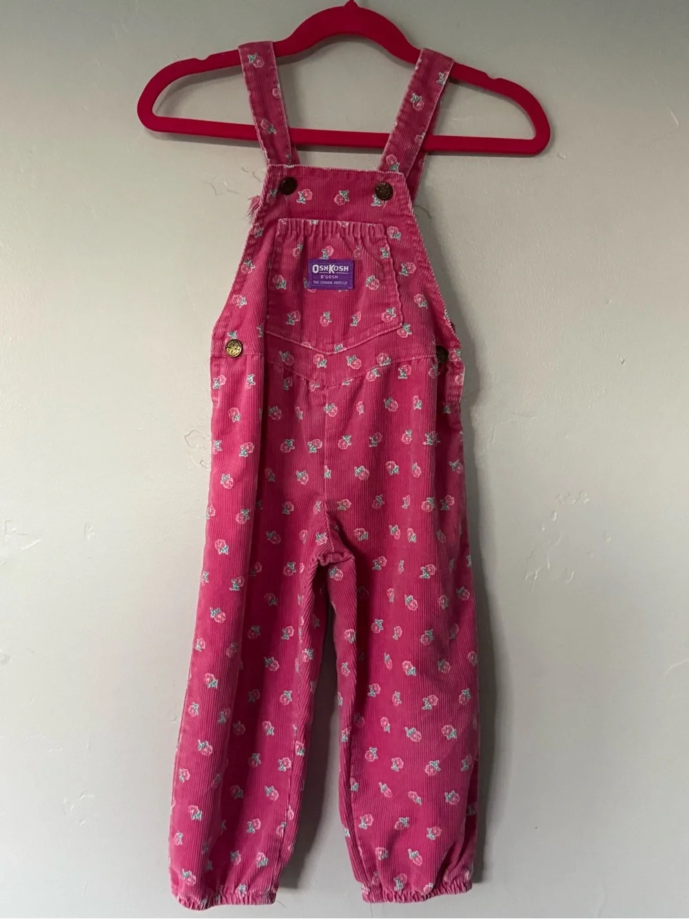 Vintage OshKosh B’Gosh Pink Floral Corduroy Vestbak Overalls 2T